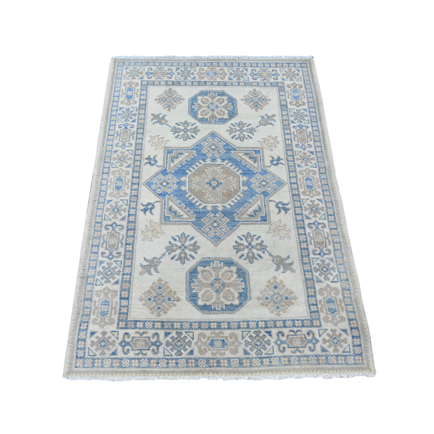 3'3"x4'7" Pearl White, Vintage Look Kazak with Star Medallion Design, 100% Wool, Hand Knotted, Natural Dyes, Oriental Rug 